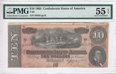 1864 Confederate States of America $10 Note T-68 CSA PMG AU55 EPQ #40520 - Image 1 of 2