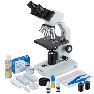 Microscopio LED compuesto binocular AmScope serie B100 40X-2500X + kit de preparación de diapositivas - Imagen 1 de 8