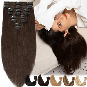 Clip de cabello AAA+ Real Remy en extensiones de cabello 100 % humano cabeza completa balayage 8 piezas - Imagen 1 de 82