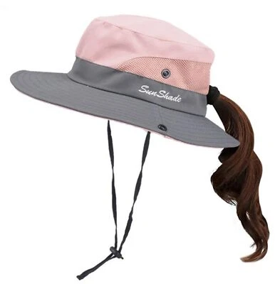 Niños Niñas Protección UV Sombrero Solar Ala Ancha Gorra Cubo con Agujero Cola de Caballo Ajuste... Foto 1 de 4