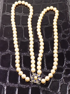 Edles Damen Collier Perlenkette 900er Silber Schließe 6 Blaue Saphire - Picture 1 of 10