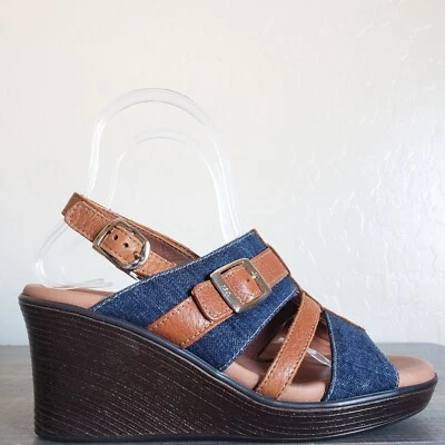SAS Layla Denim Leather Wedge Sandal Blue Jean Women's 6 Strappy Comfort Western - Image 1 of 4