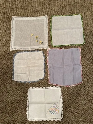 Lote de 5 Pañuelos Vintage Damas Bordados Floral Encaje Ribete Foto 1 de 4
