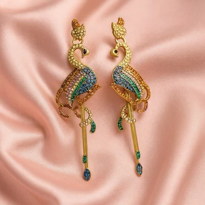 Firebird Bird Earrings Flamingo Art Museum Gold CZ VTG Beach Deco Boho Gemstone - Image 1 of 4