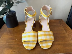 Neu J Crew gelbe Gingham-Sandalen Damen 6,5 Riemen offene Zehenpartie Blockabsatz Schuhe - Bild 1 von 9