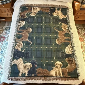 Tapestry Blanket With Puppies Green Plaid 48”x68” Dogs - Picture 1 of 4