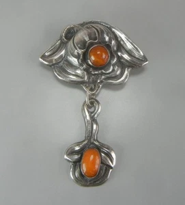Art Nouveau Brooch 830 Silver Butterscotch Amber Evald Nielsen Denmark Antique - Picture 1 of 7
