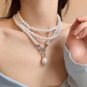 Multilayer Pearl Choker White Pearl Pendant Accessory Party - Picture 1 of 12