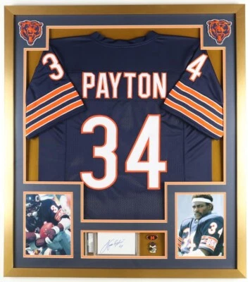 Exhibición de corte enmarcada de osos personalizados firmados por Walter Payton con jersey y 2 alfileres (PSA) Foto 1 de 4