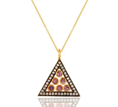 Collar de cadena colgante de piedras preciosas envolventes oro y negro triángulo amatista y circón Foto 1 de 2