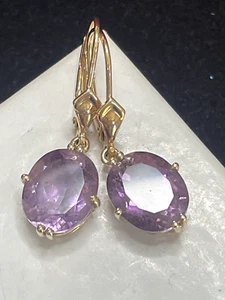 14k GOLD AMETHYST EARRINGS VINTAGE NATURAL GEMSTONE DROP DANGLE 2.5 CT EACH - Picture 1 of 18
