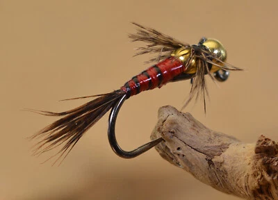 REGION FISHING 6 Flies - Tungsten Two Bit Hooker Red Jig Head Fly - Euro nymph - Hanak Hook