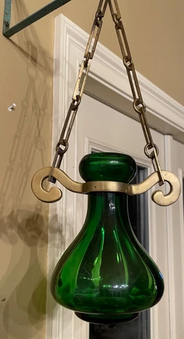 Antique Emerald Green Glass Lantern Hanging with Solid Brass Very Rare Vintage Cover