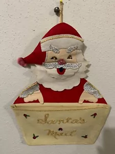 Vtg Handmade Christmas Felt Applique Sequin Santa's Mail Card Holder Hanging 19" - Picture 1 of 9