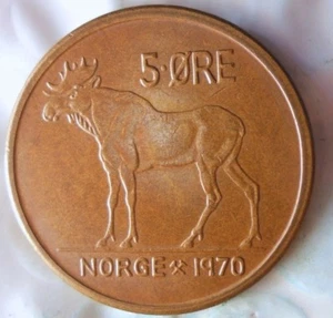 1970 NORWAY 5 ORE - Excellent Vintage Moose Coin - FREE SHIPPING - Norway Bin #4 - Picture 1 of 2