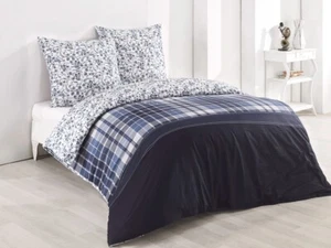 Bettwäsche 200x200 Baumwolle 3 tlg. Renforce Blau Weiß Paisley Kariert Wende - Bild 1 von 6