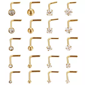 20pcs L-shaped CZ Nose Ring Studs Surgical Steel Body Piercing Jewelry 20G - Picture 1 of 22