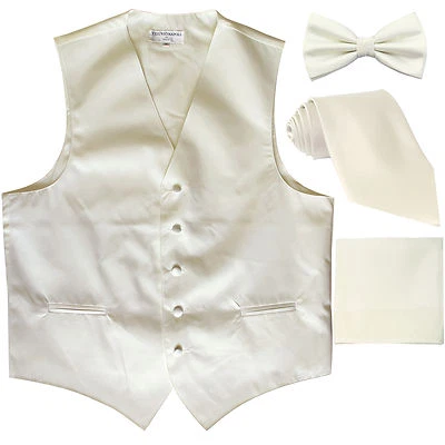 New Men's solid Tuxedo Vest Waistcoat & necktie & Bow tie & Hankie Cream wedding - Image 1 of 4