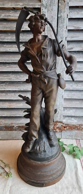 ANCIENNE SCULPTURE REGULE LE FAUCHEUR D'APRES AUGUSTE MOREAU SIGNEE - Photo 1/4