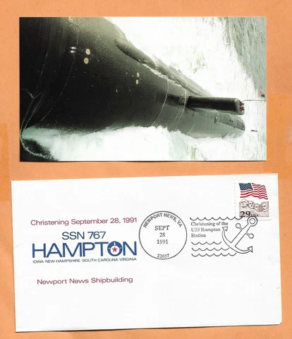 U.S.S  HAMPTON  CHRISTENING SEP 28,1991  NAVAL COVER & POSTCARD   ** Cover