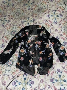 New Look Floral Chiffon Tie Up Blouse, Flower And Bird Kimono, Size 8 - Picture 1 of 3