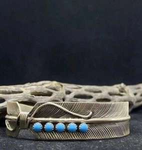 Indianer Navajo Dornröschen Türkis Sterling Feder Armband - Bild 1 von 9