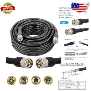 60FT Low Loss UHF CB Coax Cable PL259 Male-Male for Reliable Radio Connection - Picture 1 of 8