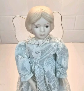 Vintage Christmas Angel Tree Topper Porcelain Head Hands Blue Dress 11" Tall - Picture 1 of 14