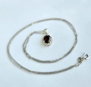 14k White Gold Garnet Pendant Spiga Wheat Chain Necklace - 20" - 2.68 Grams - Picture 1 of 18