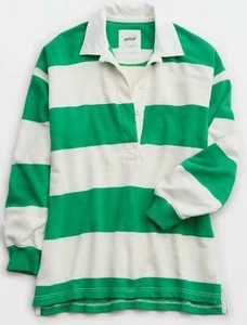 Aerie Prep Rally Rugby Sweatshirt Small Green & White Striped Oversized FIt - Picture 1 of 8