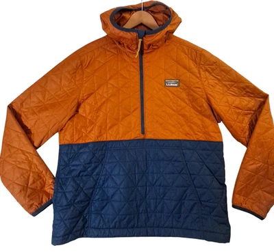 L.L.Bean Jacket Mens Large Orange Blue Quilted Hooded Anorak Pullover Half Zip - Image 1 of 4