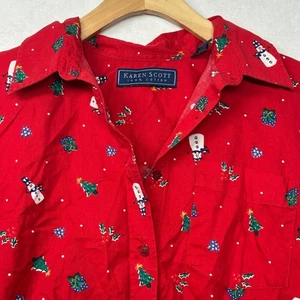 KAREN SCOTT Red Christmas Snowman Tree Print Button Up Shirt Womens M 100 Cotton - Picture 1 of 7