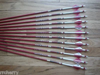 12 Carbon Express Maxima RED 250 400 Arrows: Blazer Vanes, White Dip, & Crest - Image 1 of 4