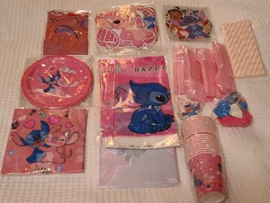 Stitch Pink & Blue party supplies plates napkins cups banner balloon 199 pcs New - Picture 1 of 5