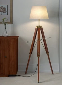 Tripod Floor Lamp Standing Wooden Brown Polished Brass Antique Gold Adjustable - Picture 1 of 6