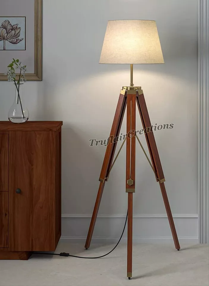 Tripod Floor Lamp Standing Wooden Brown Polished Brass Antique Gold Adjustable - Image 1 of 4