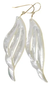 Mother Pearl Earrings White Feather Long Drops 3" 14k Solid Gold Sterling MOP - Picture 1 of 12