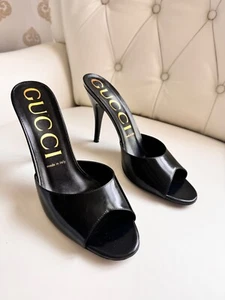 GUCCI Scarlet Black Polished Calfskin Mid Heel Slide sandals 39 1/2 (9) - Picture 1 of 7