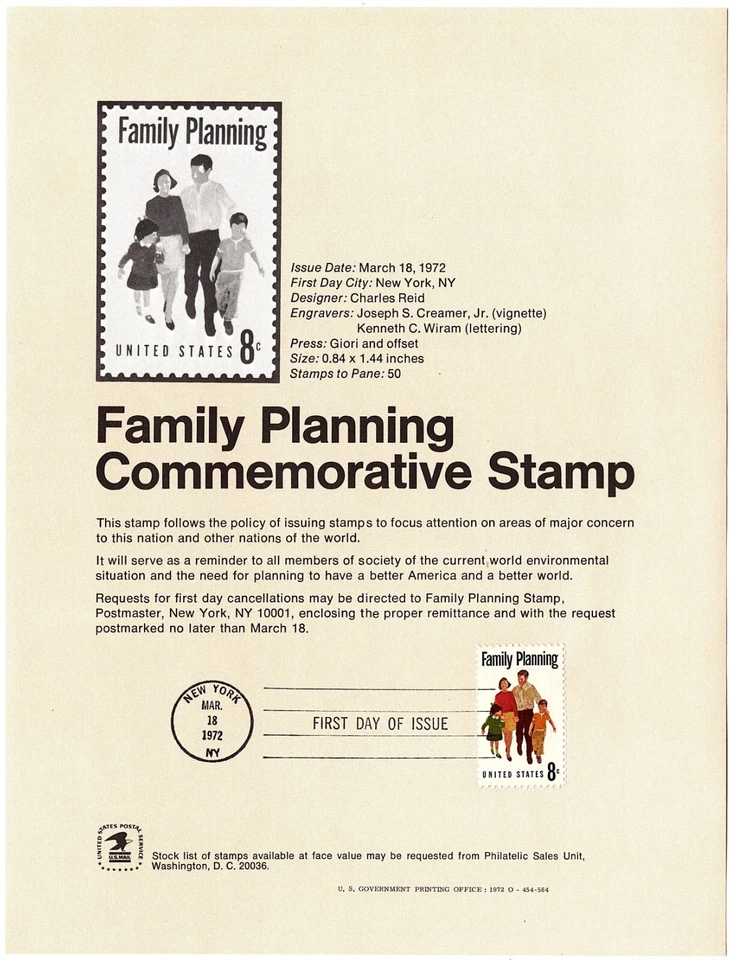 Unofficial Family Planning First Day Souvenir Page March 18 1972 $150 Cat 1455 - Image 1 of 1