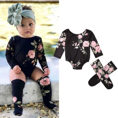 Recién Nacido Bebé Niñas Ropa Manga Larga Mameluco Body Prendas para el torso Floral Calcetines Conjunto Foto 1 de 4