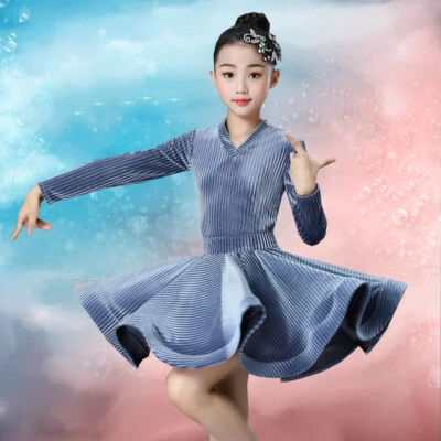Girls Latin Dance Dress Velvet Solid Ballroom Competition Slim Dancewear Costume - Image 1 of 4