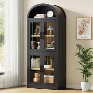 Arched Bookshelf w/Doors Farmhouse Bookcase Tall Display Storage Shelves Cabinet - Picture 1 of 9
