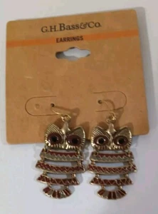 G H Bass & Co Dangling Owl Ear Rings Red & Gold Toned - Picture 1 of 4