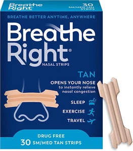 Breathe Right Original Tan Nasal Strips, Sm/Med, 30 Ct, Drug-Free Relief - Picture 1 of 5