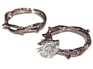 BLACK THORNS BLUE ROSE RING SET gunmetal silver clear vine crown gothic pair C4 - Picture 1 of 4
