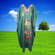 Womens Maxi Kaftan, Gift Cotton Caftan Dress, Green Embroidered Kaftan L-3X