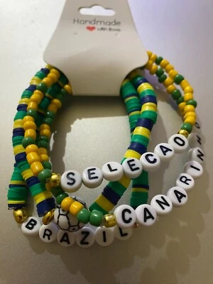 Juego de 4 brazaletes con cuentas de fútbol de Brasil para hombre - colores de bandera - Selecao Canarinho Foto 1 de 2