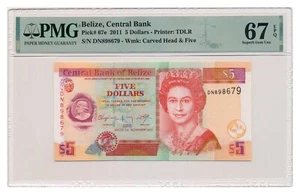 BELIZE banknote 5 Dollars 2011 PMG MS 67 EPQ Superb Gem Uncirculated - Picture 1 of 7