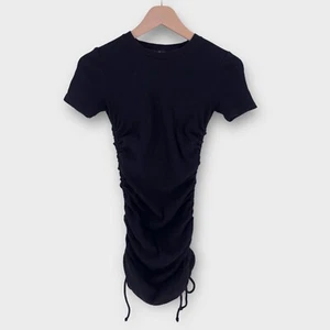 Zara Women's S Ruched Side Tie Bodycon Mini Dress Black Ribbed Short Sleeve - Picture 1 of 8
