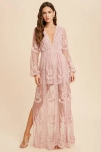 Wishlist Pink Rose Mauve Lace Long Sleeve Romper Maxi Dress Small - Picture 1 of 12